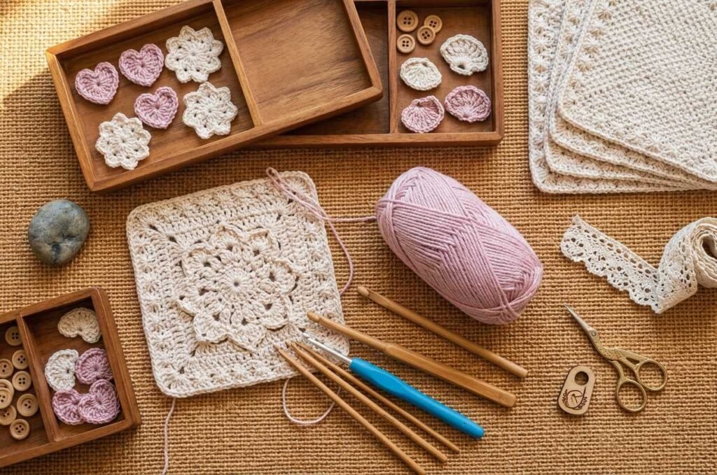 Close up of a light-colored acrylic yarn for beginner crochet showing crisp stitch definition