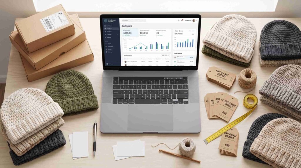 A laptop showing a sales dashboard sits among stacked shipping boxes, knitted hats, yarn, measuring tape, and product tags labeled “Knit & Knot Crochet.”