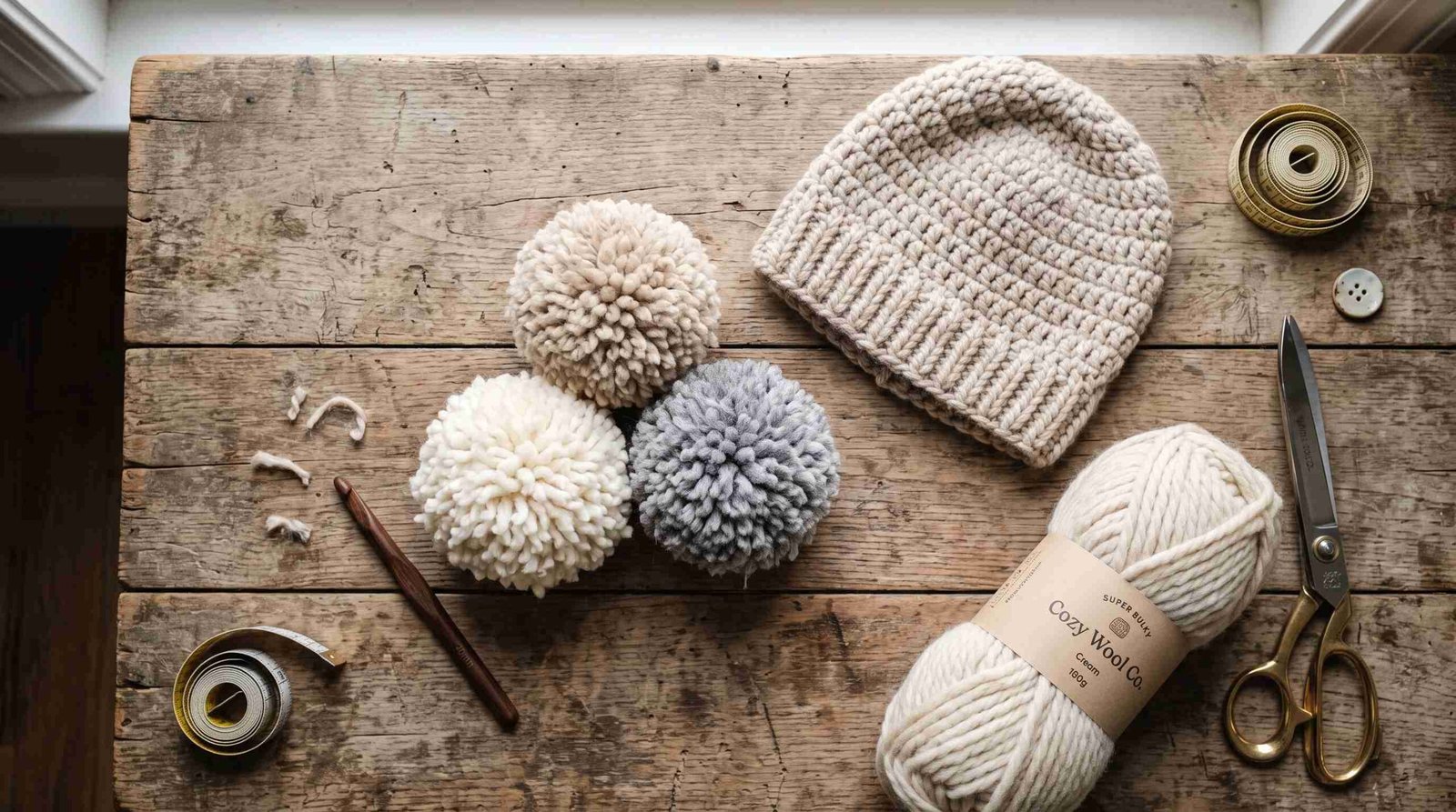 A cream crocheted beanie, three yarn pom-poms, a skein labeled “Cozy Wool,” scissors, a crochet hook, and measuring tapes lie on a wooden table.