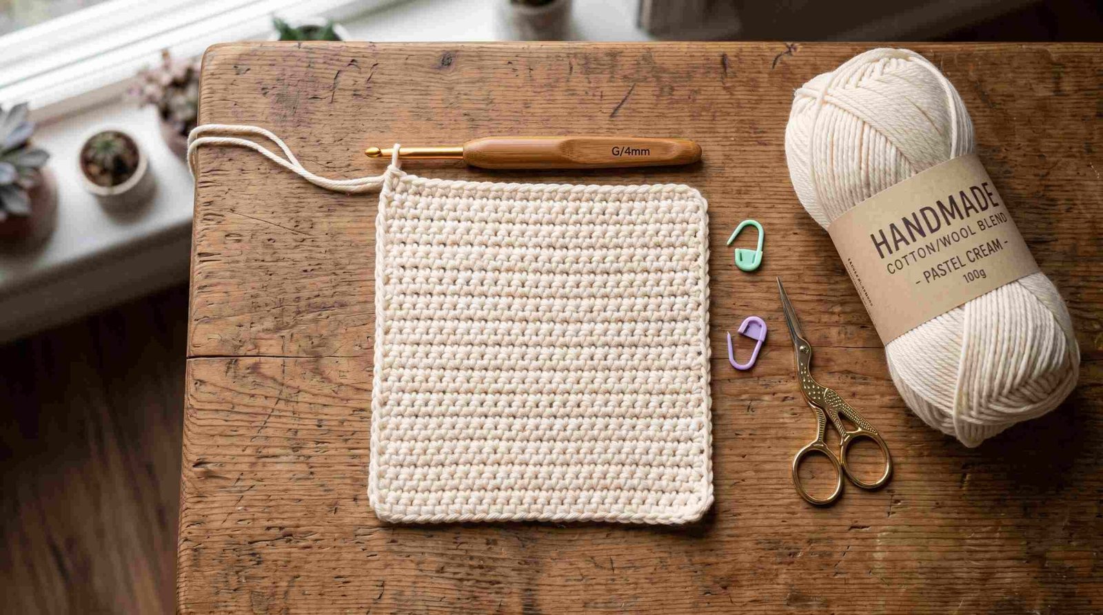 A cream crocheted square lies on a wooden table beside a 4 mm crochet hook, cotton yarn labeled “Handmade Cotton Wool Blend,” stitch markers, and scissors.