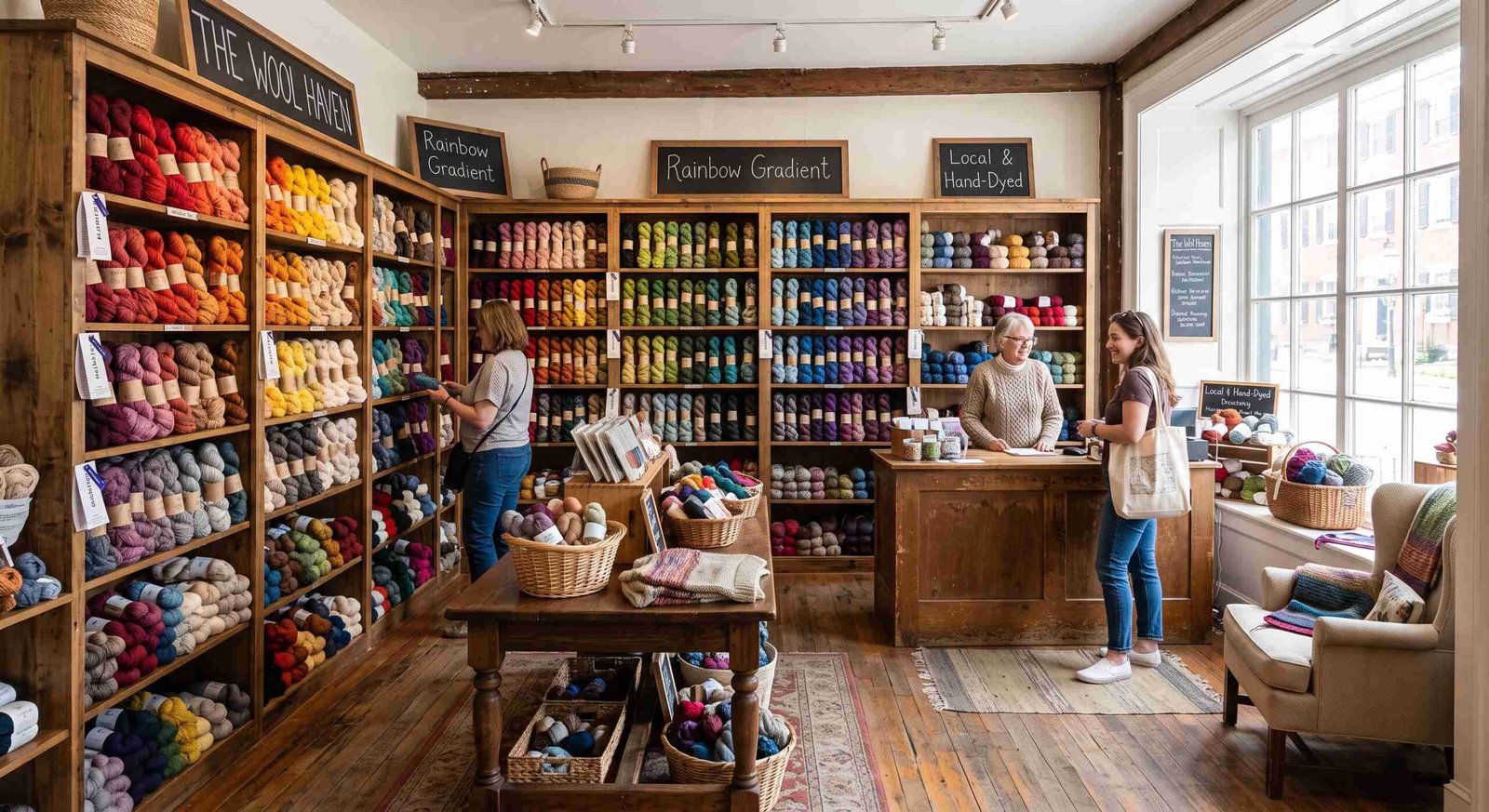 A yarn shop with shelves of colorful skeins, baskets of wool, and three women browsing and talking; signs read “The Wool Market,” “Rainbow Gradient,” and “Local & Hand-Dyed.”
