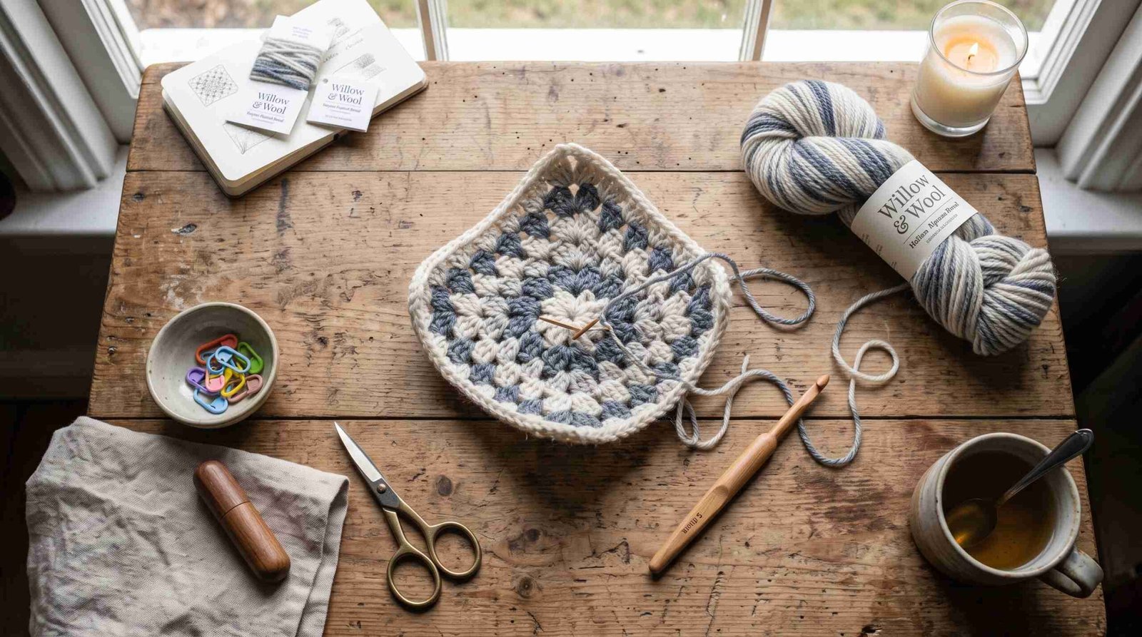 A crocheted square, yarn labeled “Willow & Wool,” hooks, scissors, stitch markers, pattern cards, a candle, and tea sit on a wooden table.