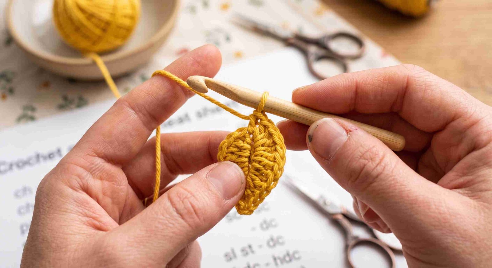 Hands crochet a small golden-yellow piece with a wooden hook over a printed pattern, with yarn and scissors nearby.