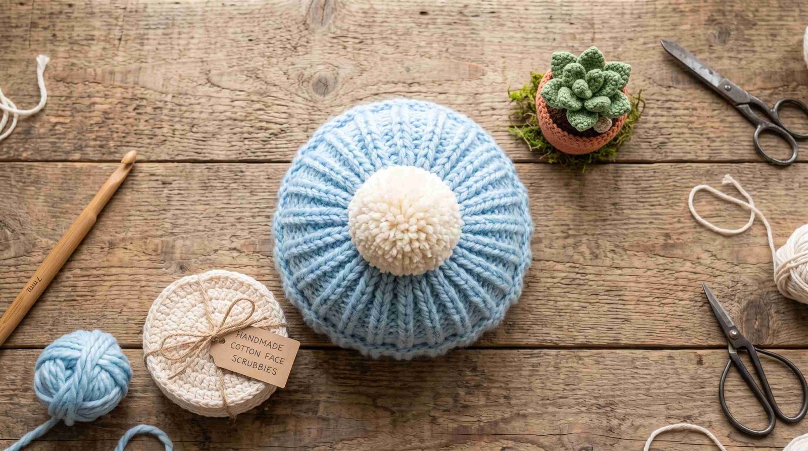 A blue knitted beanie with a white pom-pom sits among yarn, crochet face scrubbers labeled “Handmade cotton face scrubbies,” and craft tools on a wooden table.