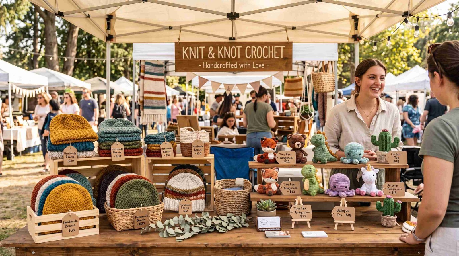 A woman sells crocheted hats, baskets, and animal toys at a market stall beneath a sign reading “Knit & Knot Crochet — Handcrafted with Love.”