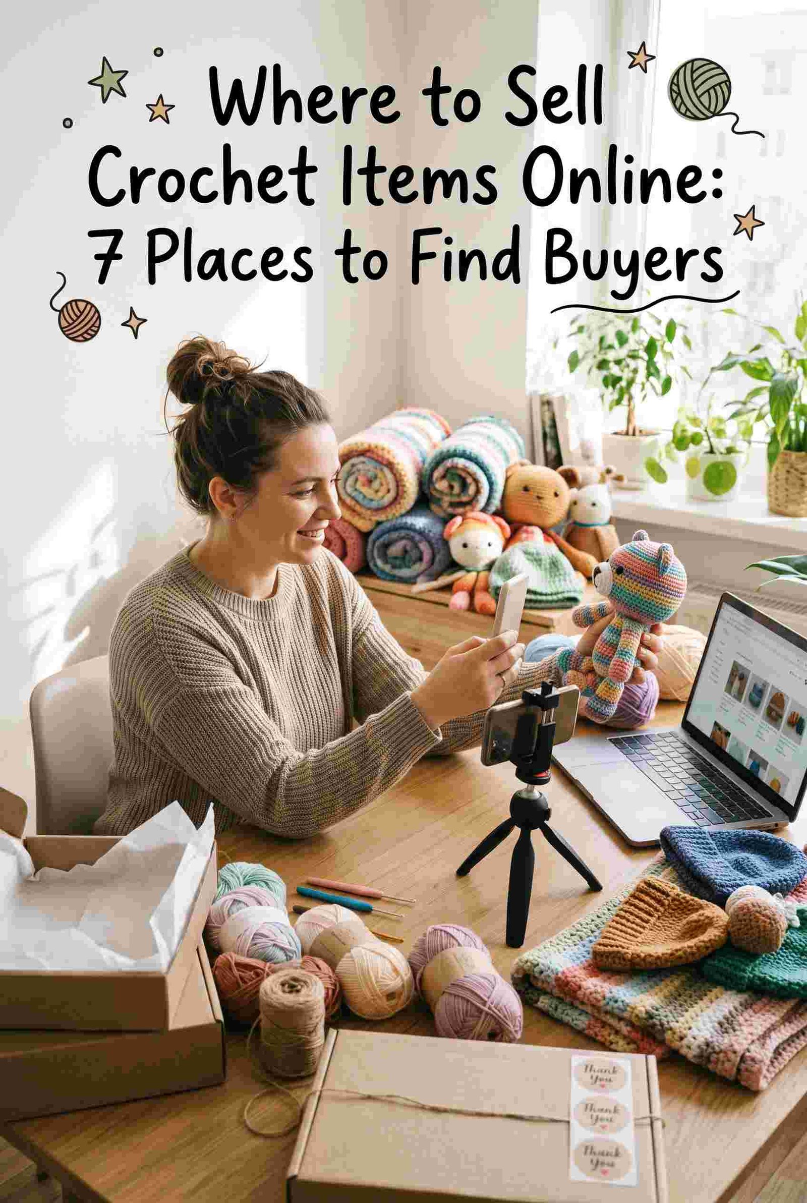 A woman photographs crocheted toys and blankets beside a laptop and yarn; the headline reads “Where to Sell Crochet Items Online: 7 Places to Find Buyers.” (where to sell crochet items online)