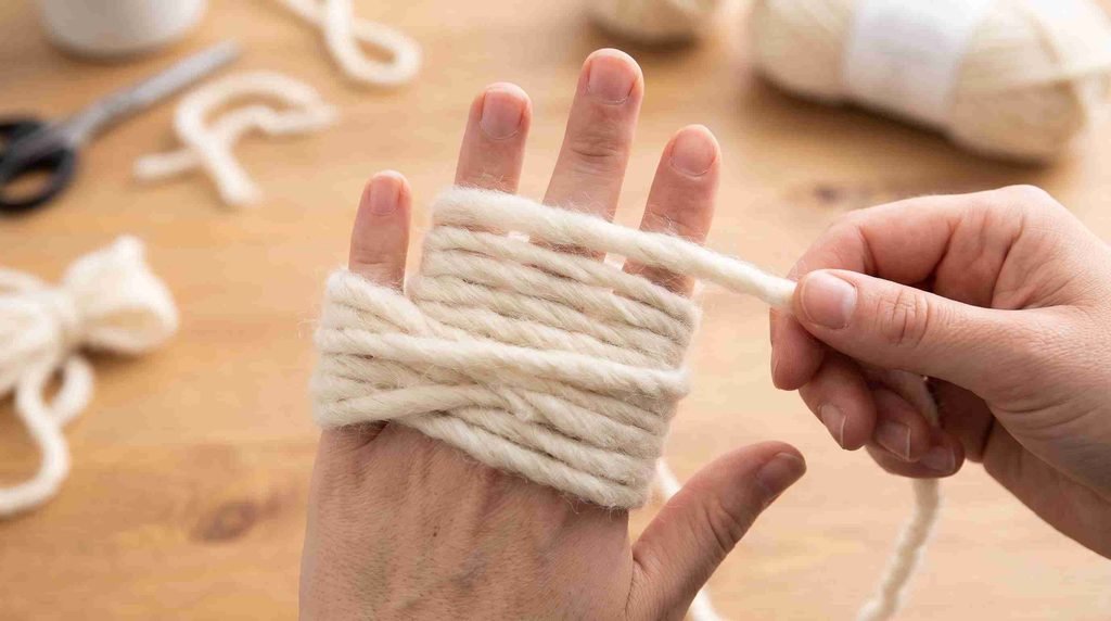 A person wraps thick white yarn around their open hand, while another hand pulls the strand across the fingers (fluffy yarn pom poms).